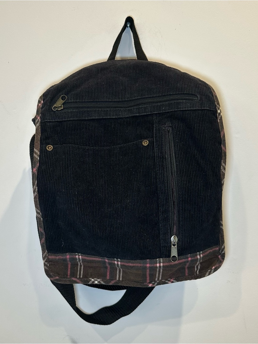 Corduroy Backpack with Plaid Trim – Casual Vintage Style Bag